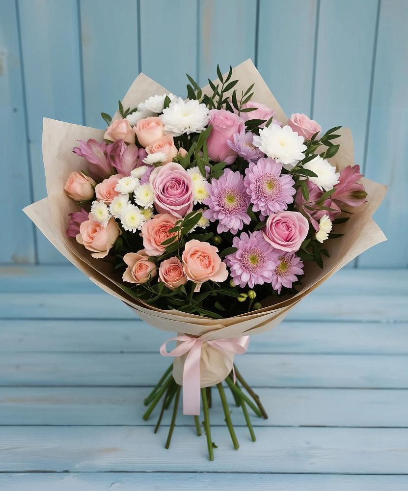 Букет цветов из: Хризантемы, Розы и Альстромерии в Залимане