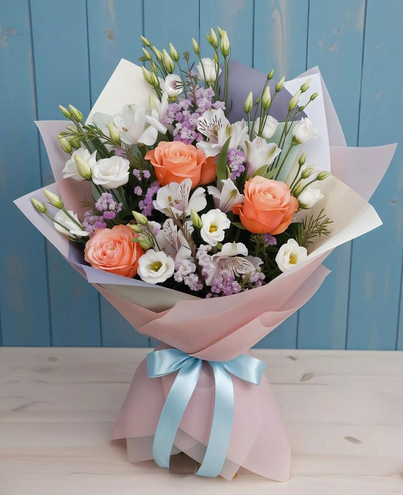 Букет цветов из: Лизиантусы, Розы, Альстромерии и Гипсофила в Залимане