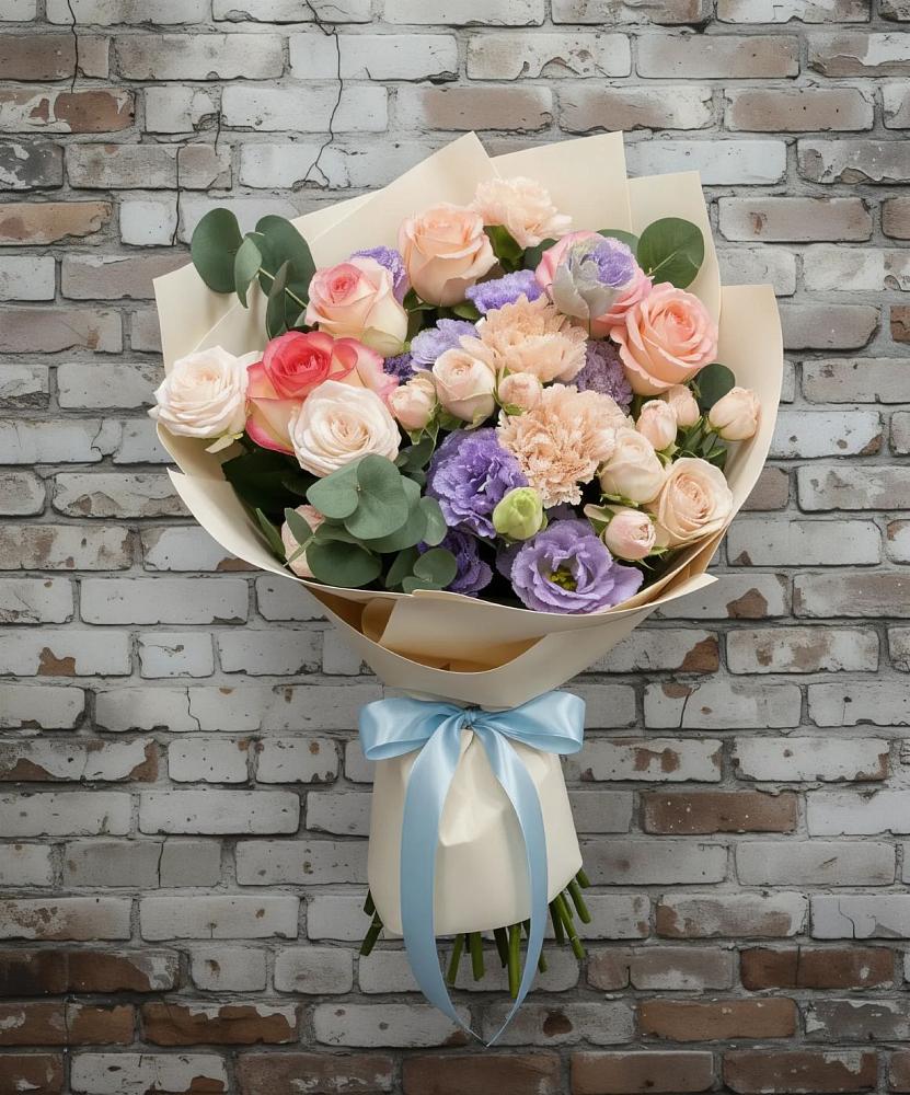 Букет цветов из: Розы, Лизиантусы и Гвоздики в Залимане